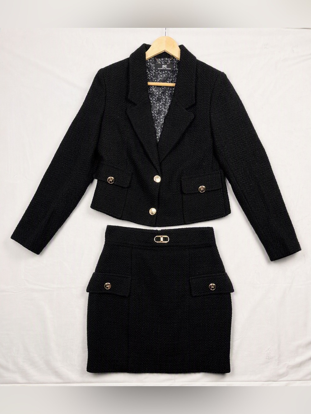 Elisabetta Franchi Quiet Luxury Black Bouclé Tweed Blazer Skirt Set